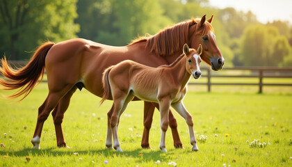 Obraz premium Bonding moments in a serene pasture with mare and foal enjoying a sunny afternoon together in a peaceful setting