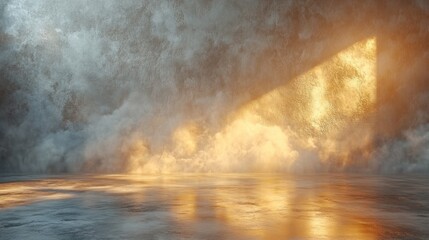 Obraz premium Golden rays pierce through swirling mist, creating a magical and serene atmosphere