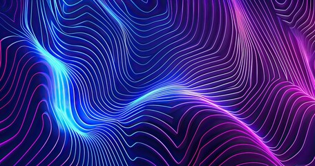 Abstract wave pattern with vibrant blue and pink lines on a dark background.
