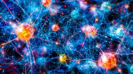 Fototapeta premium Neural network exchanging data through bright glowing synapses
