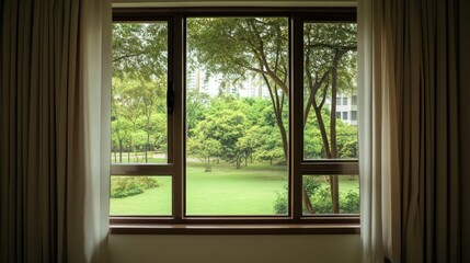 Lush green park view through window with curtains.