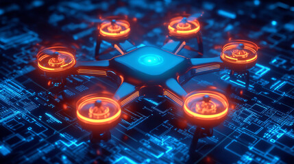 Fototapeta premium A futuristic drone icon glowing with aerial data, representing online drone platforms, smart aerial photography tools, and real-time delivery analytics. 