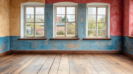Natural light spills into the cozy space, highlighting the colorful walls and rustic wooden floors