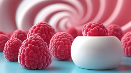 Ripe raspberries of different sizes around a bowl, on a soft, swirled pink backdrop