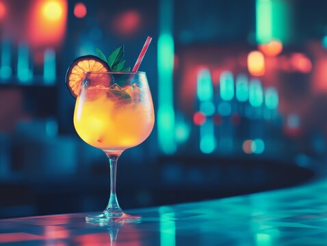 Two bright cocktails standing on bar counter in nightclub. Nightlife concept