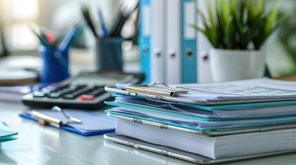 Organized Workplace: Stack of Documents and Office Supplies