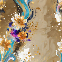 Vibrant abstract flower with golden accents in colorful swirling patterns and dynamic gradient background, digital art style