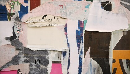 Fototapeta premium Old blank ripped torn posters grunge texture background creased crumpled paper placard surface Urban street posters / Empty space for text Torn street poster background, abstract retro paper collage