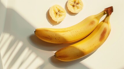 Two Ripe Bananas and Slices on White Background, Sunlit Still Life Photography