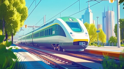 Naklejka premium High-speed modern passenger train moves quickly through the city. Ecological transport