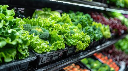 A vibrant display of fresh vegetables in a grocery store.