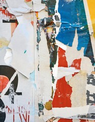 Fototapeta premium Old blank ripped torn posters grunge texture background creased crumpled paper placard surface Urban street posters / Empty space for text Torn street poster background, abstract retro paper collage