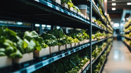 Fototapeta premium Lush Indoor Farming with Innovative Vertical Hydroponic System in Warehouse Setting
