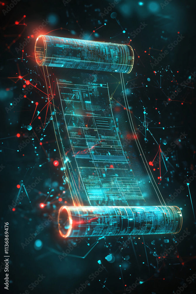 Poster a futuristic graduation scroll icon glowing with digital data charts, representing online degrees, d