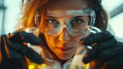 Focused Female Scientist in Lab Conducting Experiment