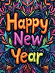 Happy New Year Colorful Floral Design - Festive, vibrant, celebratory, joyful, new beginnings.  Perfect for cards, banners, social media.
