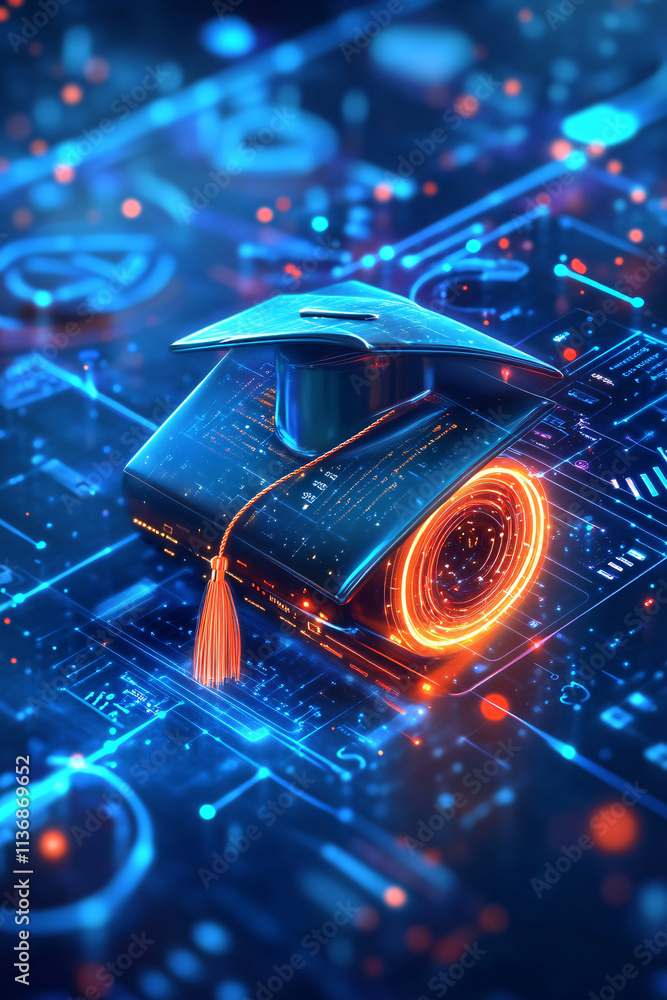 Poster a futuristic graduation scroll icon glowing with digital data charts, representing online degrees, d