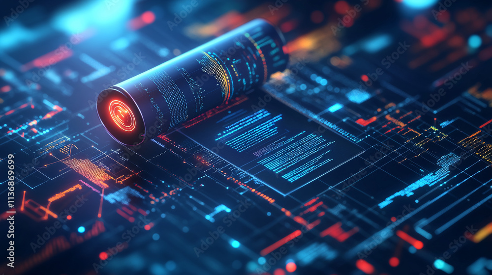 Poster a futuristic graduation scroll icon glowing with digital data charts, representing online degrees, d