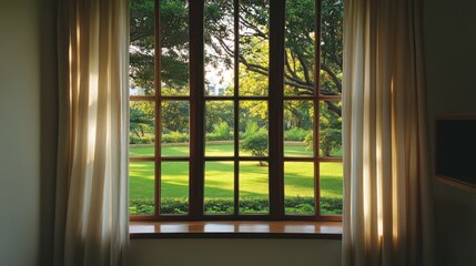 Fototapeta premium Sunlight streams through sheer curtains onto a lush green garden view from a wood-framed window.