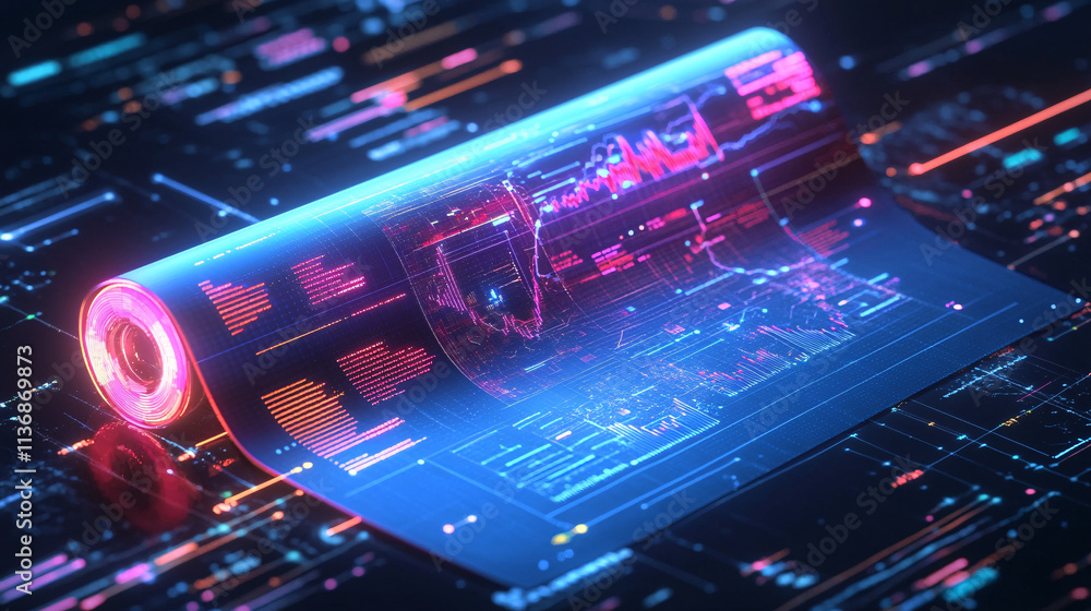 Poster a futuristic graduation scroll icon glowing with digital data charts, representing online degrees, d