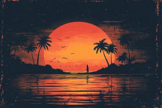 Calm sunset landscape with silhouette of surfer and palm trees