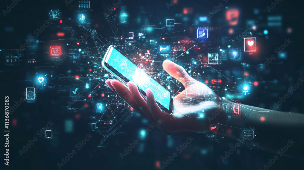 Poster a futuristic hand icon holding a glowing smartphone, surrounded by real-time data streams and app ic