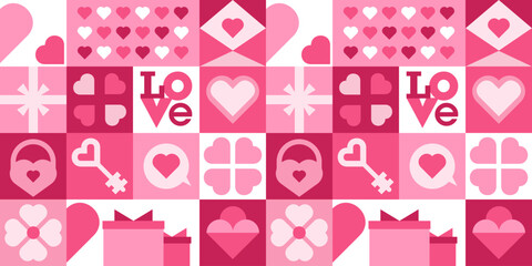 Modern geometric seamless pattern pink colors. design for Valentine's day with simple shapes, hearts, gifts,letters. Fashionable pattern for background, postcard, cover, poster, wallpaper,packaging.