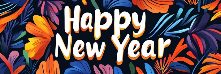 Happy New Year Floral Greeting Card - Festive New Year design, vibrant colors, floral motifs, celebration, joy.