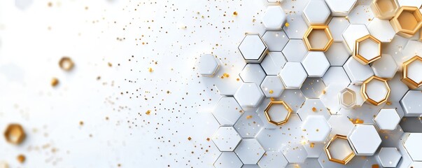 Abstract composition of hexagonal shapes in white and gold tones