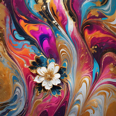 Vibrant abstract flower with golden accents in colorful swirling patterns and dynamic gradient background, digital art style