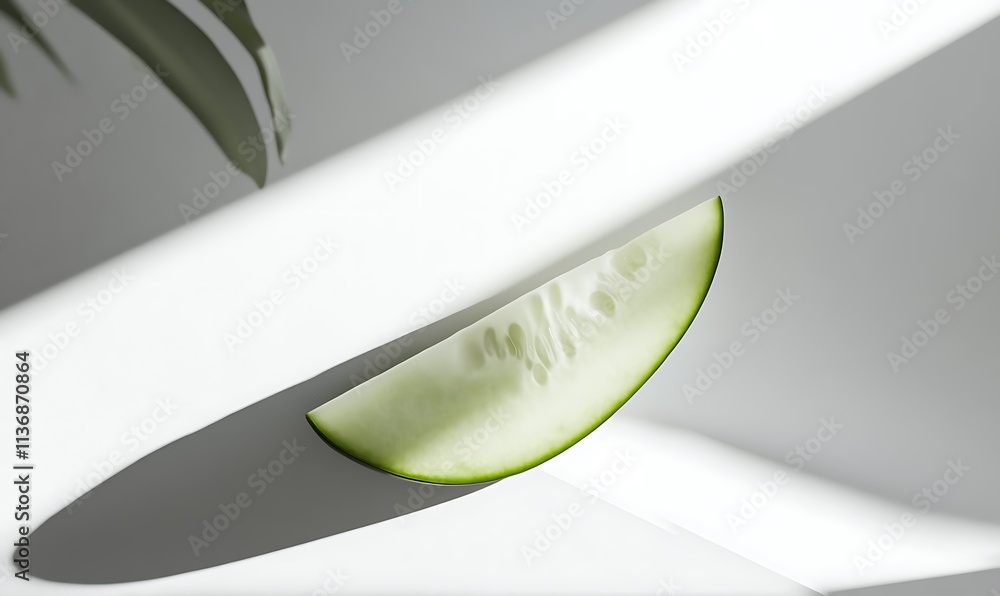 Poster a single cucumber slice rests on a white background