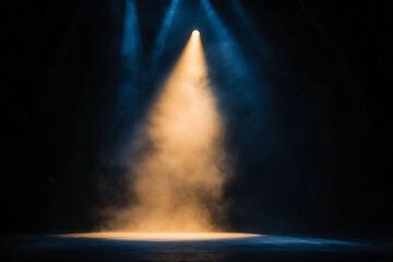 A smokey stage, dark, smokey, misty, mist, smoke, spotlight, smoke, spotlights, light, lightning, lights, effect, fog, dramatic, black, space, generative ai, bright, room, performith spotlights	
