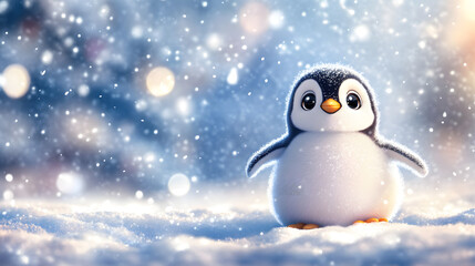 Naklejka premium A Cute Cartoon Penguin Waddling Through Snow with a Playful Expression Surrounded by Colorful Bokeh and Falling Snowflakes