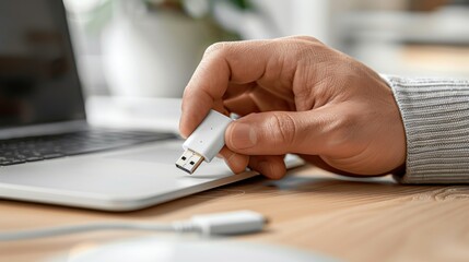 Fototapeta premium Connecting USB Drive to Laptop: A Close-Up Shot