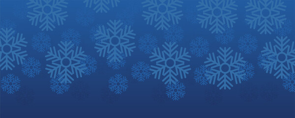 Fake snowflakes dark blue gradient background. Abstract winter ice magic scene. Christmas or sky landscape wallpaper. Cold atmosphere, Horizontal backdrop for cover vector illustration.