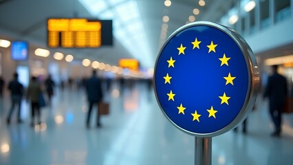 Schengen zone sign with European Union emblem in airport terminal, with blurred figures of travelers in background.