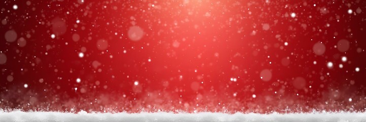 Holiday red background with falling snow with space for text. Banner for design.