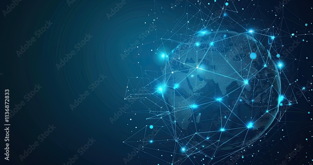 Poster a digital representation of a connected globe, symbolizing global communication and technology.