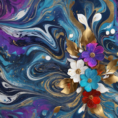 Vibrant abstract flower with golden accents in colorful swirling patterns and dynamic gradient background, digital art style