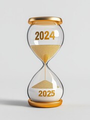 Hourglass Concept for New Year Transition - A modern hourglass displaying the years 2024 and 2025 to symbolize the passage of time and new beginnings.