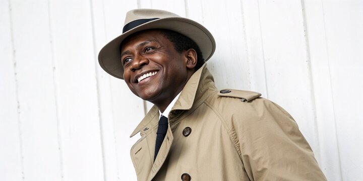 Smiling man in hat and trench coat against white background