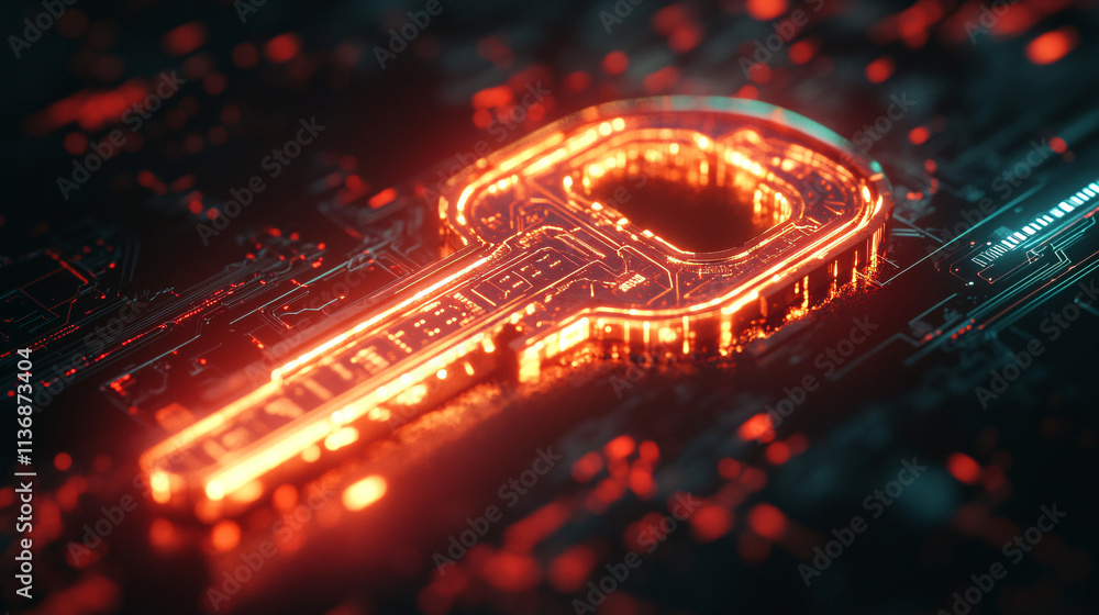 Poster a futuristic key icon glowing with digital security data, symbolizing online access platforms, smart