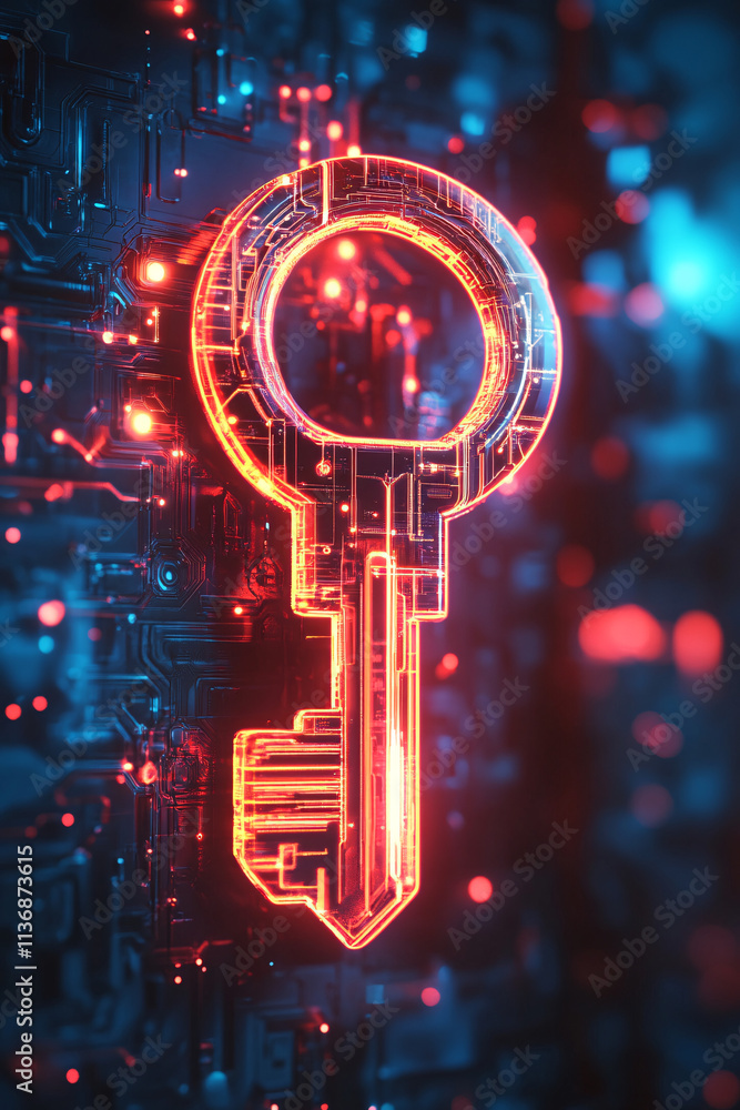 Poster a futuristic key icon glowing with digital security data, symbolizing online access platforms, smart