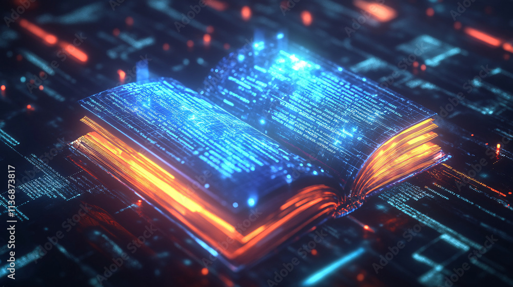 Poster a futuristic language book icon glowing with translation data, representing online language learning