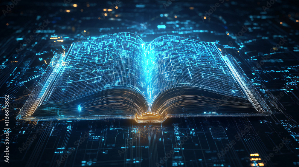 Poster a futuristic language book icon glowing with translation data, representing online language learning