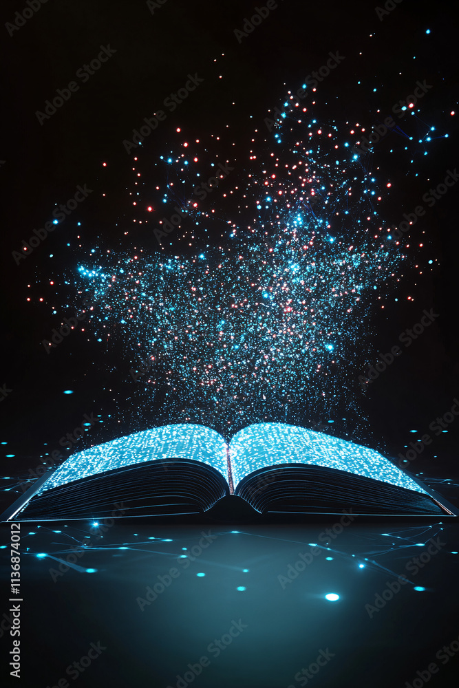 Poster a futuristic language book icon glowing with translation data, representing online language learning