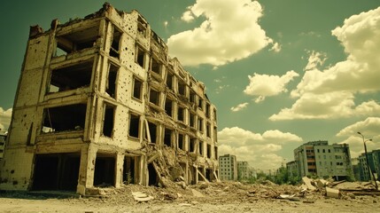 Abandoned and Ruined Building Under a Cloudy Sky
