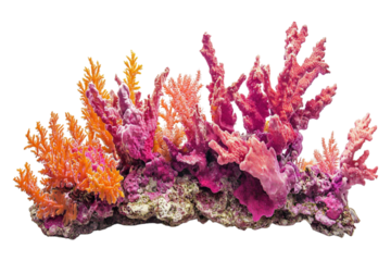 A coral reef in shades of pink, red, and orange, isolated on a transparent background, ideal for marine, ocean, or nature-themed designs.