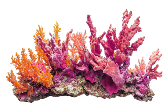 A coral reef in shades of pink, red, and orange, isolated on a transparent background, ideal for marine, ocean, or nature-themed designs.
