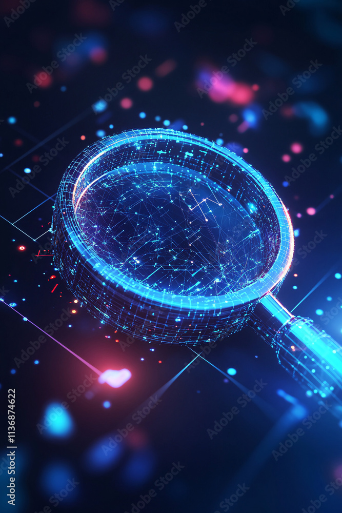 Poster a futuristic magnifying glass icon hovering over a digital search bar, with glowing data points repr